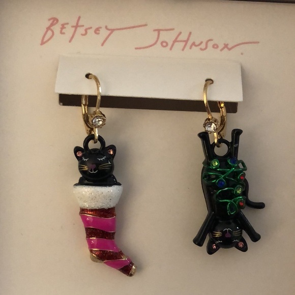 Betsey Johnson Black Cat In Stocking & Cat Tangled In Lights Drop Earrings NIB - Picture 3 of 13